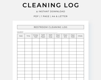 Registro de limpieza de baños, lista de verificación para el hogar, la oficina, cafeterías, hoteles, restaurantes y otros negocios, PDF imprimible, tamaño A4/Carta