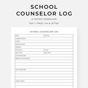 Peut inclure: Modèle de journal de conseiller scolaire imprimable, au design épuré et minimaliste. Le document comprend des champs pour les informations sur les élèves, les détails du conseil et les mesures à prendre. Le texte "SCHOOL COUNSELOR LOG" est en haut. Disponible en PDF, A4 et Letter.