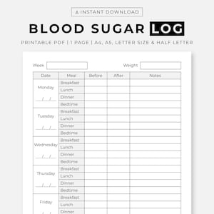 Könnte beinhalten: Ein druckbares Blutzuckertagebuch mit Spalten für Datum, Mahlzeit, vorher, nachher, Gewicht und Notizen. Das Tagebuch ist für die Verfolgung des Blutzuckerspiegels während der Woche konzipiert.