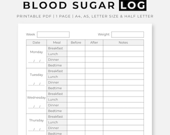 Plantilla imprimible para el registro de azúcar en sangre, registro diario de glucosa para diabéticos, 4 momentos antes y después (desayuno, almuerzo, cena y hora de acostarse)