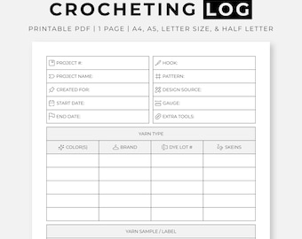 Registro de crochet imprimible, planificador de proyectos de crochet, registro de patrones, hilos, ganchos y diseños