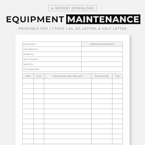 Registro de mantenimiento de equipos (PDF imprimible) para reparaciones, servicio y cuidado preventivo diario de maquinaria. Descarga instantánea.