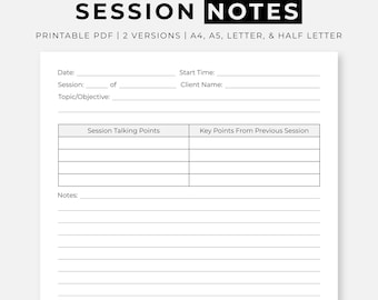 Sitzungsnotizen druckbares PDF für Therapeuten, Counselors & Coaches, A4, A5, Letter und Half Letter, Instant Download