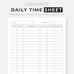 Registro de horas diarias (PDF imprimible), hoja de horas diarias de empleados, registro de horas trabajadas, hoja de control de horas, tamaño A4, A5, carta y media carta.