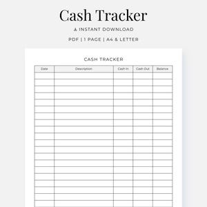 Cash Tracker, Personal Finance Log, PDF, A4, US Letter, Instant Download