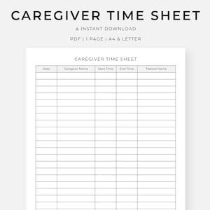 Caregiver Time Sheet, Printable PDF, A4/Letter, Instant Download