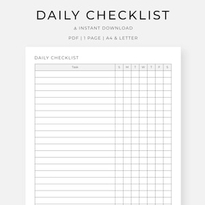 May include: A printable daily checklist with the title "DAILY CHECKLIST" at the top. The checklist includes a section for tasks and a grid for marking days of the week. The document is available as a PDF in A4 and Letter sizes.