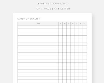 Daily Checklist Printable, Minimalist Weekly Task Planner, PDF, A4, Letter, Instant Download