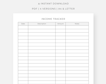 Income Tracker Printable, Earnings Log, Budget Finance Sheet, A4/Letter, PDF Instant Download