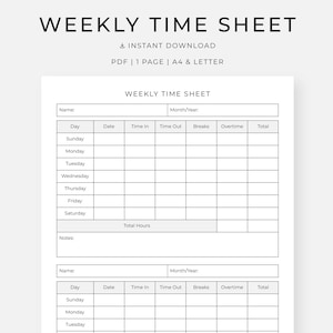 Weekly Time Sheet, Work Hours Log, (A4, Letter) Instant Download
