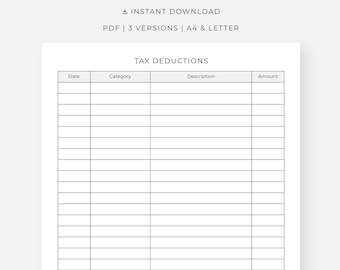 Tax Deduction Tracker Printable, Business Expense Organizer, PDF A4/Letter, Instant Download