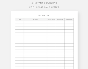 Registro de trabajo imprimible, seguimiento de actividades, tiempo dedicado, PDF, A4/Carta, descarga inmediata