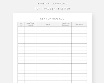 Registro de control de llaves, hoja de entrada y salida, PDF, A4, Carta, descarga instantánea