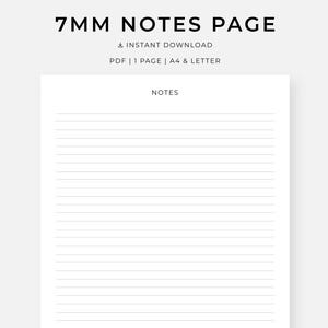 May include: A white 7mm notes page with horizontal lines for writing. The text "7MM NOTES PAGE" is at the top, along with "INSTANT DOWNLOAD" and PDF details. The word "NOTES" is centered.