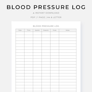 Op de afbeelding: Een afdrukbaar bloeddruklogboek met de titel "BLOOD PRESSURE LOG". Het logboek bevat kolommen voor datum, tijd, systolisch, diastolisch, pols en notities. Directe download in PDF-formaat.