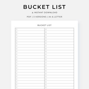 Puede incluir: Una plantilla imprimible de lista de deseos en blanco con el título "BUCKET LIST" en la parte superior. La plantilla incluye casillas de verificación y líneas para escribir. También se ve el texto "INSTANT DOWNLOAD" y "PDF | 3 VERSIONS | A4 & LETTER".
