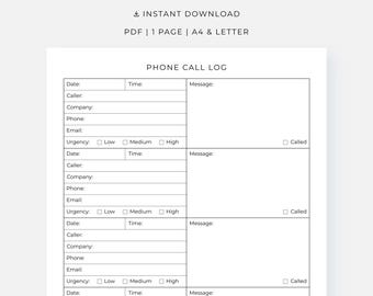 Registro de llamadas telefónicas (PDF imprimible), registro de mensajes telefónicos para llamadas de oficina, negocios y atención al cliente, descarga instantánea