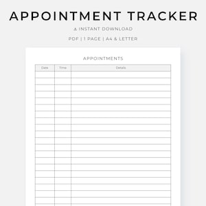 Könnte beinhalten: Ein weißer Terminplaner mit dem Text "APPOINTMENT TRACKER" oben. Das Dokument enthält Abschnitte für Datum, Uhrzeit und Details. Der Text "INSTANT DOWNLOAD" und "PDF | 1 PAGE | A4 & LETTER" sind ebenfalls sichtbar.