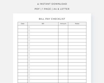 Bill Pay Checklist Printable, Simple Bill Payment Tracker, PDF, A4/Letter, Instant Download