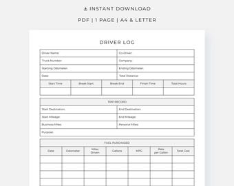 Registro diario de conductor imprimible, seguimiento de detalles del vehículo, viaje, compra de combustible y registro de mantenimiento