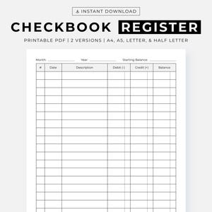Registro de chequera (PDF imprimible), registros de cheques para chequera personal, A4, A5, carta y media carta, descarga instantánea