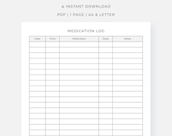 Medication Log, Printable Medication Tracker, PDF, A4/Letter, Instant Download