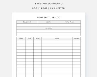 Registro de temperatura, monitoreo sencillo de la temperatura del refrigerador y congelador, PDF imprimible, tamaño A4/Carta