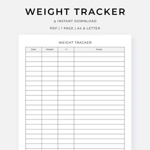 Weight Tracker Printable PDF, Weight Loss Log to Record & Monitor Your Body Weight, Fitness Tracker, Instant Download