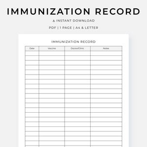 Peut inclure: Un document imprimable d'enregistrement de vaccination intitulé "IMMUNIZATION RECORD". Le document comprend des sections pour la date, le vaccin, le médecin/la clinique et les notes. Disponible en téléchargement instantané au format PDF, format A4 et Lettre.