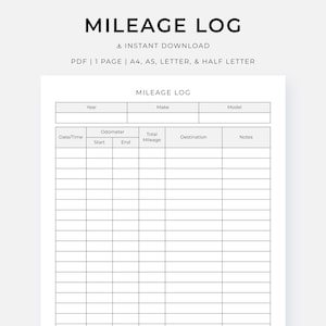 Mileage Log Printable PDF, Vehicle Mileage Tracker for Small Business, Personal Taxes, & Self-Employed, Instant Download