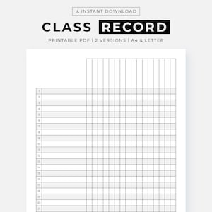 Class Record Printable PDF, Teacher Gradebook, Attendance Tracker, A4 and Letter, Instant Download
