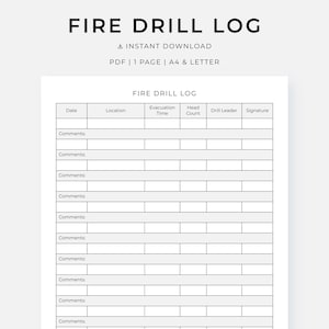 以下が含まれることがあります： 「FIRE DRILL LOG」というタイトルの、印刷可能な避難訓練記録。日付、場所、避難時間、人数、訓練リーダー、署名用のフィールドがあり、コメント欄もあります。PDF形式で即時ダウンロードできます。