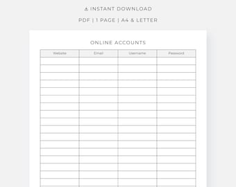 Online Account List, Account Login Tracker, Digital Password Organizer, Minimalist, PDF Instant Download
