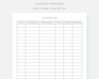 Registro de visitantes, hoja imprimible de entrada y salida de visitantes, PDF, tamaño A4/Carta, descarga instantánea