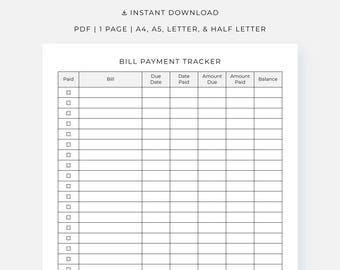 Seguimiento de pagos de facturas (PDF imprimible), lista de verificación de pagos mensuales, descarga instantánea