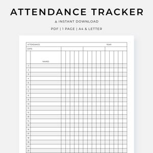 Attendance Tracker Printable PDF, Attendance Tracking Chart for Teachers, Employees, and Staff, Instant Download