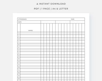 Registro de asistencia (PDF imprimible), tabla de seguimiento de asistencia para docentes, empleados y personal, descarga instantánea