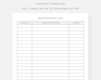 Registro de mantenimiento imprimible en PDF, A4, A5, Carta y Media Carta, descarga instantánea