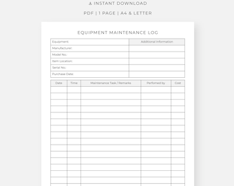 Registro imprimible de mantenimiento de equipos, reparaciones y servicios (PDF, A4 y Carta)