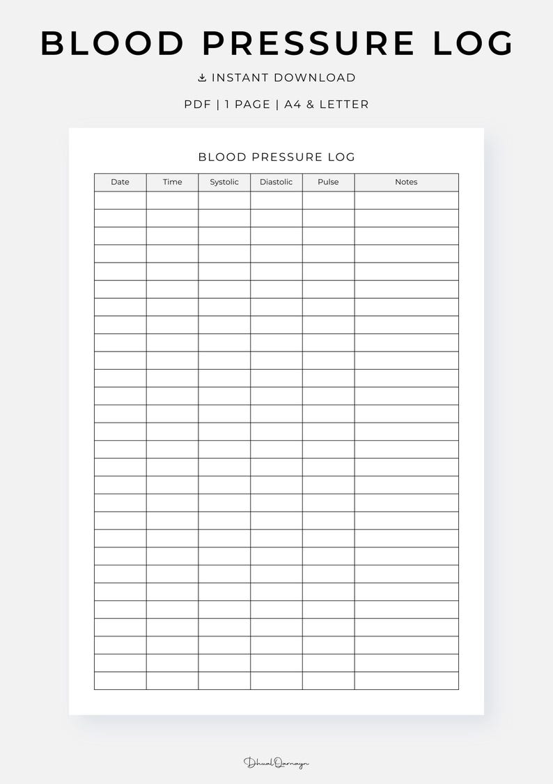 Printable Blood Pressure Log, Simple Blood Pressure Tracker, PDF, A4