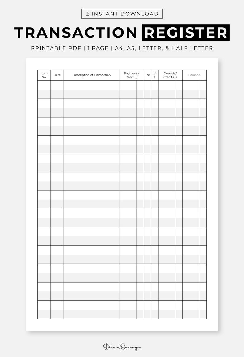 Transaction Register Printable PDF, Check Registers for Personal ...