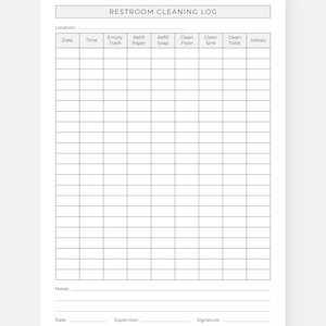 Restroom Cleaning Log, Bathroom Checklist for Home, Office, Cafes ...