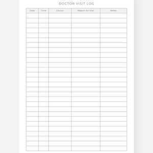 May include: A white Doctor Visit Log with black text. The log includes columns for date, time, doctor, reason for visit, and notes. The log has multiple lines for recording information. The bottom right corner has a signature.