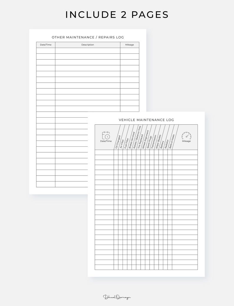 Vehicle Maintenance Log Printable PDF, Repair & Service Record for Cars ...