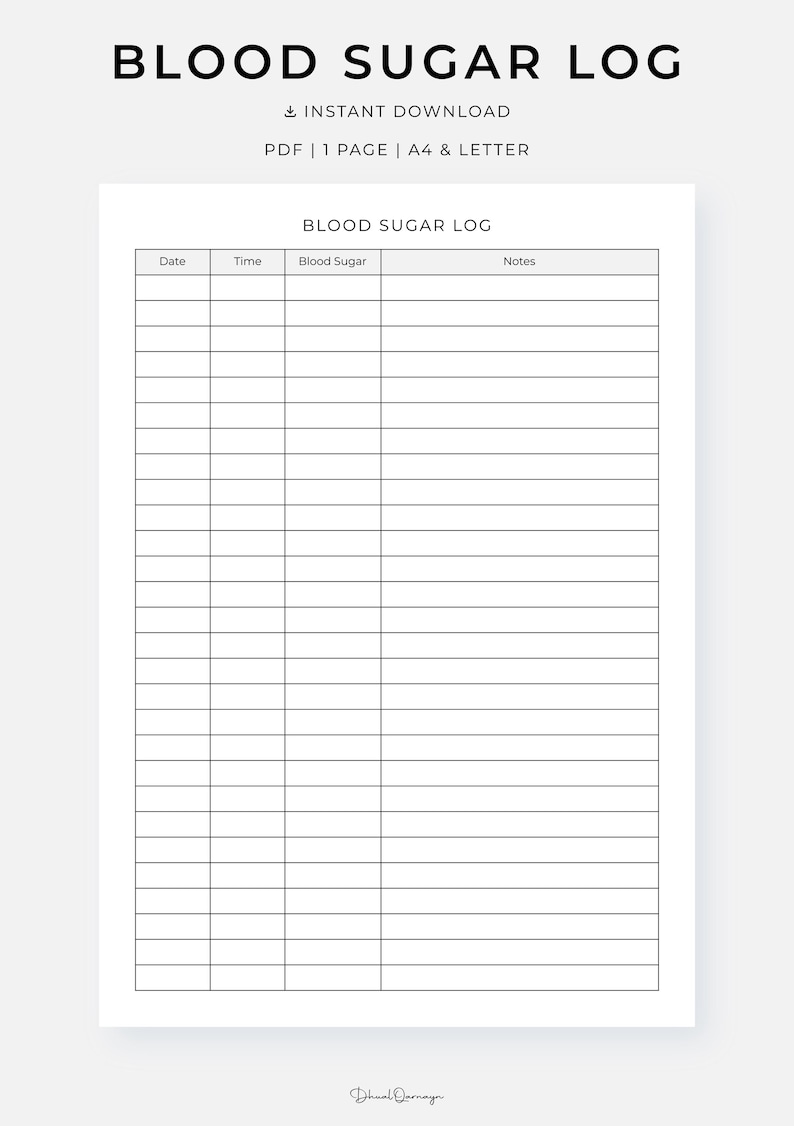 Blood Sugar Log, Printable Blood Sugar Tracker, Diabetic Tracker, PDF
