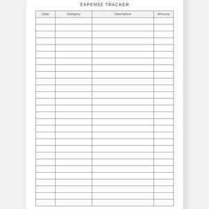 May include: A white expense tracker sheet with black lines and text. The top of the sheet reads "VERSION 2" and "EXPENSE TRACKER". Columns are labeled "Date", "Category", "Description", and "Amount".