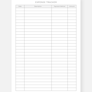 May include: A white expense tracker with black text. The title "EXPENSE TRACKER" is at the top, followed by columns for Date, Description, Payment Method, and Amount. The top of the page reads "VERSION 3".