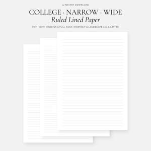 May include: Three stacked sheets of white lined paper with horizontal lines. The text at the top reads: COLLEGE · NARROW · WIDE Ruled Lined Paper. PDF | WITH MARGINS & FULL PAGE | PORTRAIT & LANDSCAPE | A4 & LETTER. The paper is blank with thin grey lines.