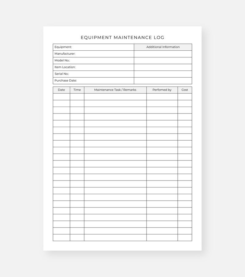 Registro imprimible de mantenimiento de equipos, reparaciones y servicios (PDF, A4 y Carta) imagen 2
