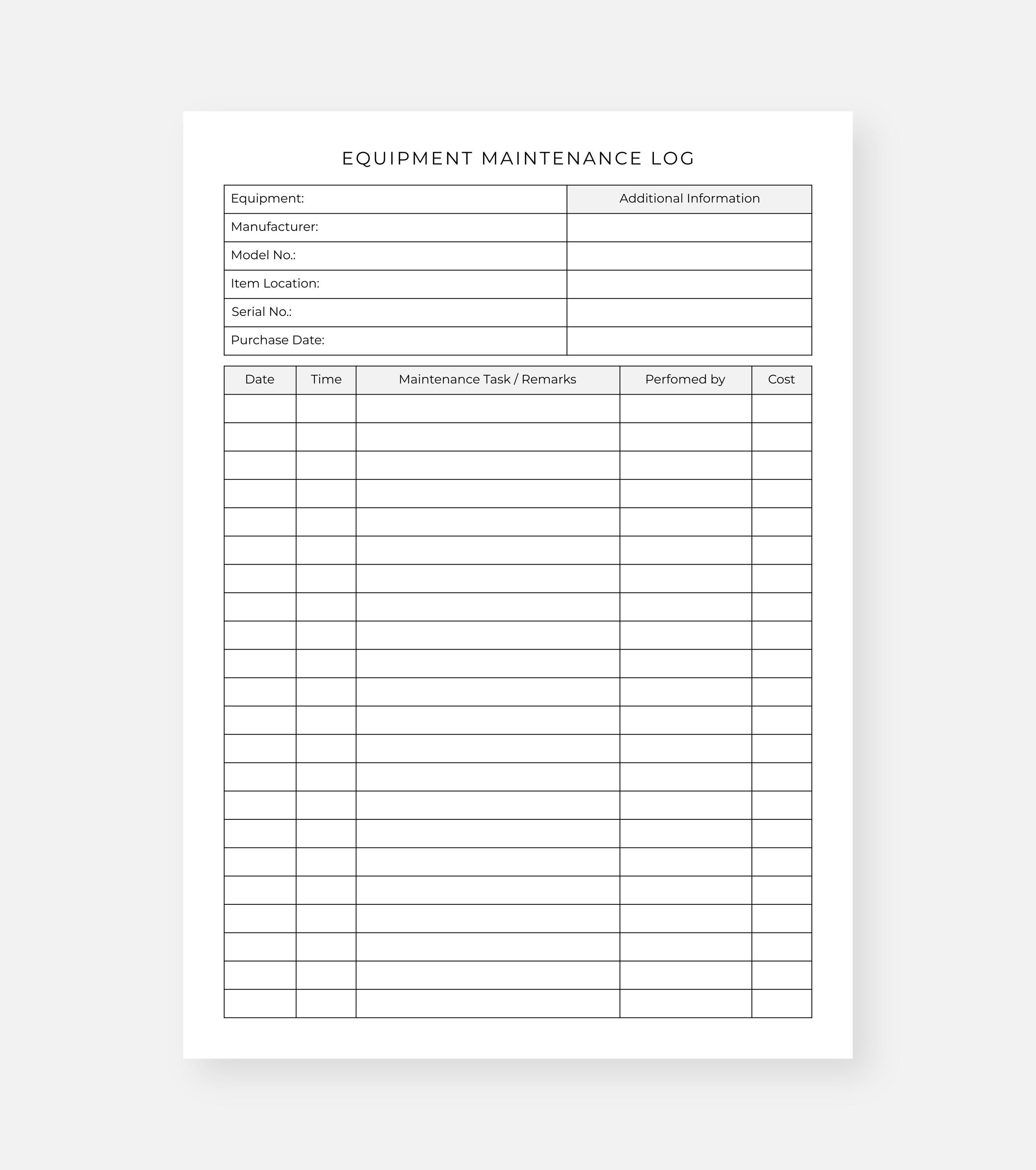 Plug Go Maintenance Sheet.pdf Printable Equipment Maintenance Log, Repairs and Service (PDF, A4 and ...